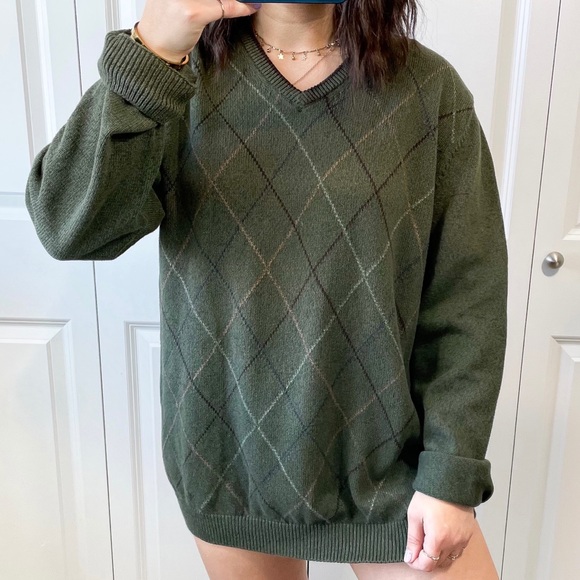 Van Heusen Sweaters - Green brown blue diamond v neck knit sweater